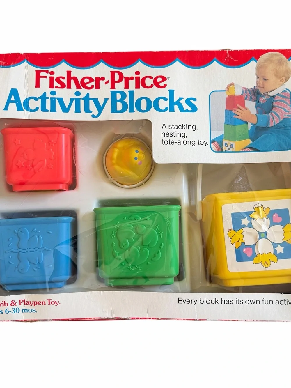 Vintage Fisher Price Nesting Stacking Activity Blocks Crib Toy Complete Box 1986